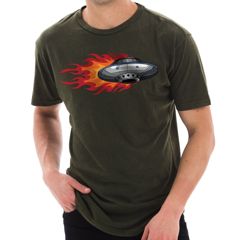 UFO Alien Spaceship Graphic Design Unisex Ring Spun Cotton Vintage Short Sleeve Crewneck Tee Shirt Vintage Olive XS