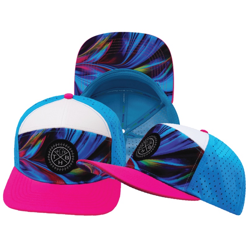 Color Vibes Hat – Flat Bill – Feather Glow – Neon Pink / White / Neon Blue – Laser Mesh