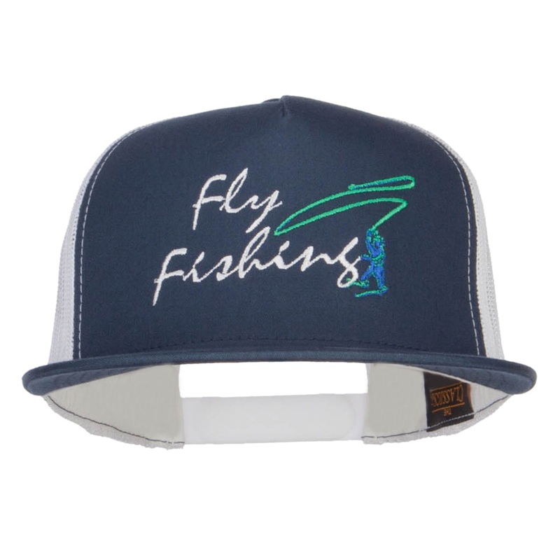 Flying Fishing Embroidered Snapback Mesh Cap Navy White One Size