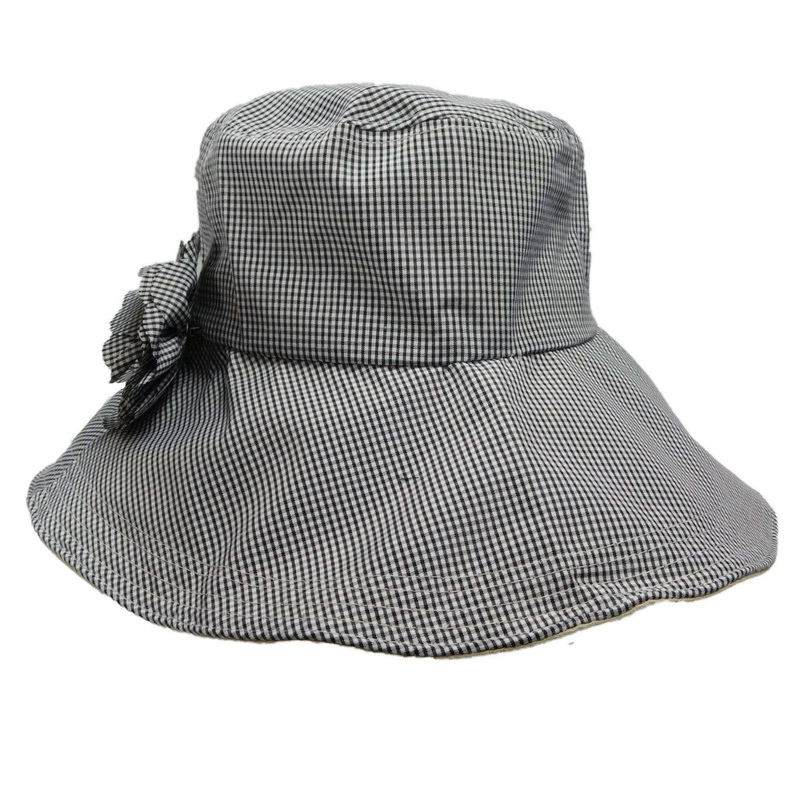 Gingham Sun Hat with Flower Pin Black