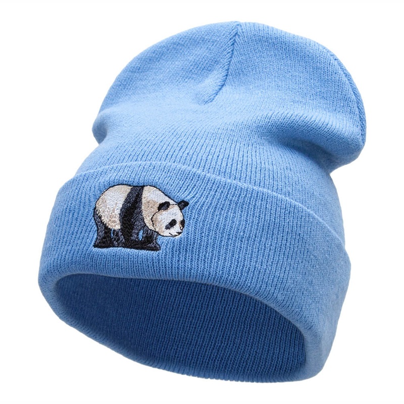 Happy Panda Embroidered 12 Inch Long Knitted Beanie Sky Blue One Size