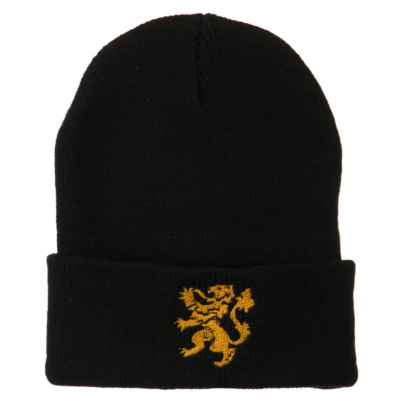 Heraldic Lion Embroidered Long Beanie Black One Size