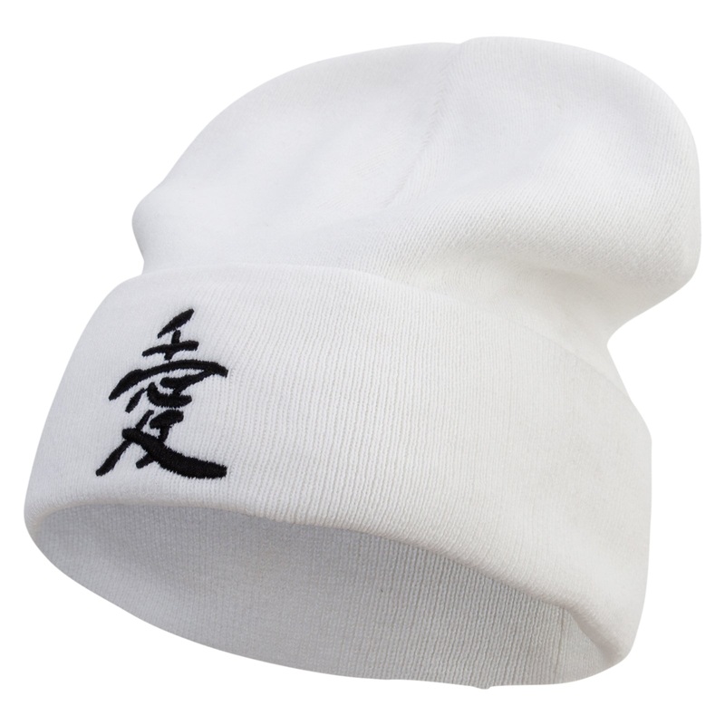 Japanese Chinese Love Character Embroidered Big Size Superior Cotton Long Knitting Beanie White XL-3XL