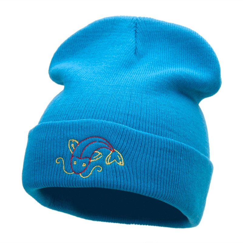 Koi Fish Embroidered 12 Inch Long Knitted Beanie Aqua One Size