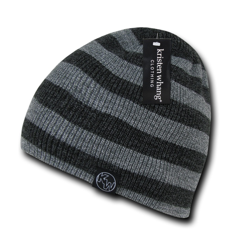 London Striped Knit Beanie, Double Lined Knit Cap – H001 Heather Grey/Heather Black