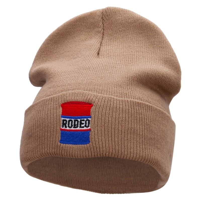 Rodeo Barrel  Symbol Embroidered 12 inch Acrylic Cuffed Long Beanie Khaki One Size