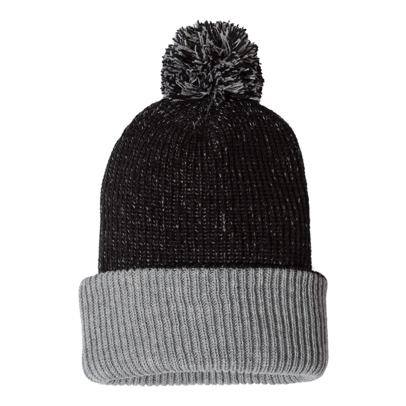 Sportsman SP70 12″ Knit Speckled Pom-Pom Beanie Knit Cap Black/Heather Grey