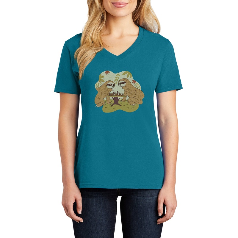 Slothy Chess Graphic Design Ladies V-Neck Teal XS