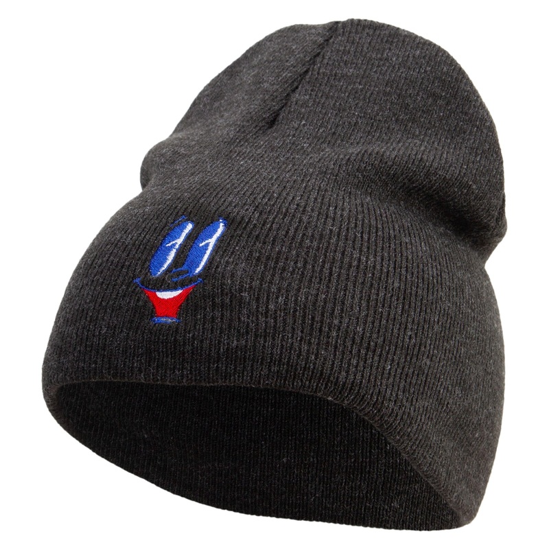 Smile Face with open Mouth Embroidered 8 inch Acrylic Short Beanie Charcoal One Size