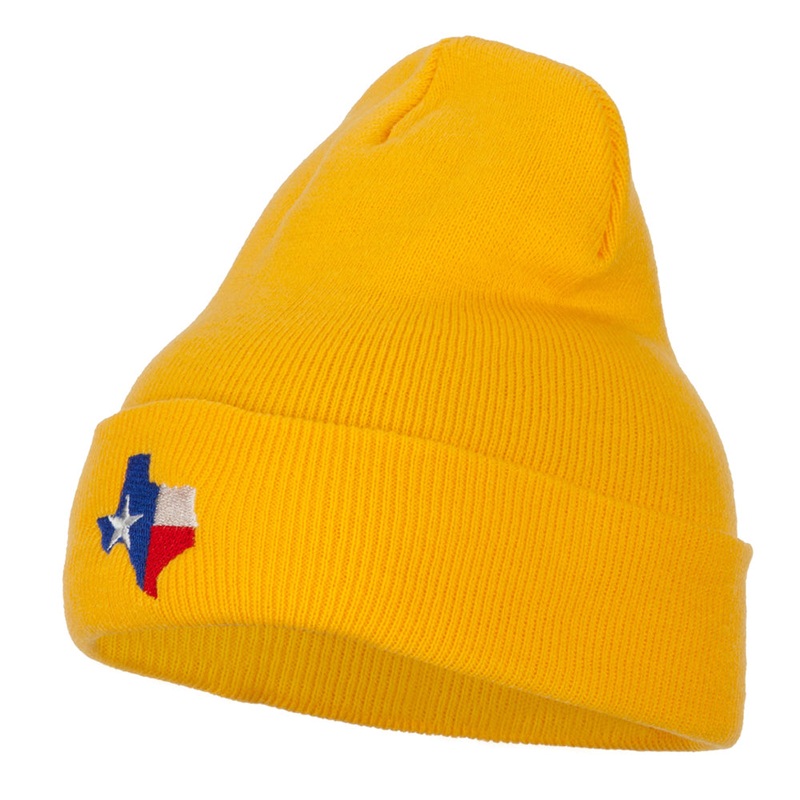 Texas Flag Map Embroidered Long Beanie Yellow One Size