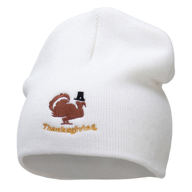 Turkey Pilgrim Embroidered Knitted Long Beanie White One Size