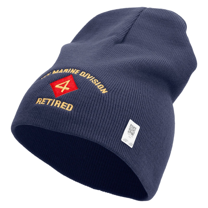 4th Marine Division Retired Symbol Embroidered 8 Inch Solid Knit Short Beanie Made in USA Navy One Size