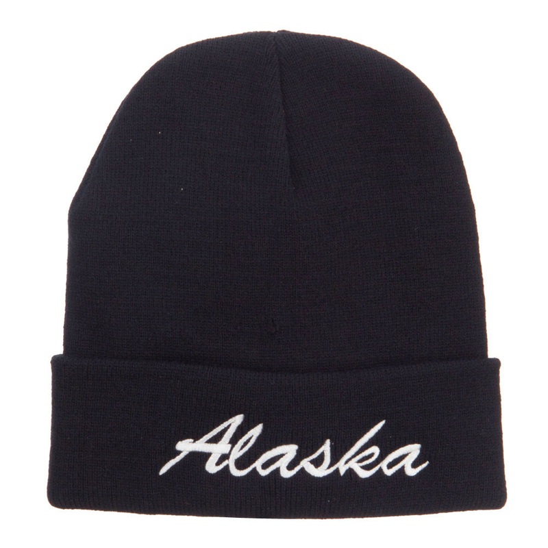 Alaska Embroidered Cuff Long Knit Beanie Black One Size