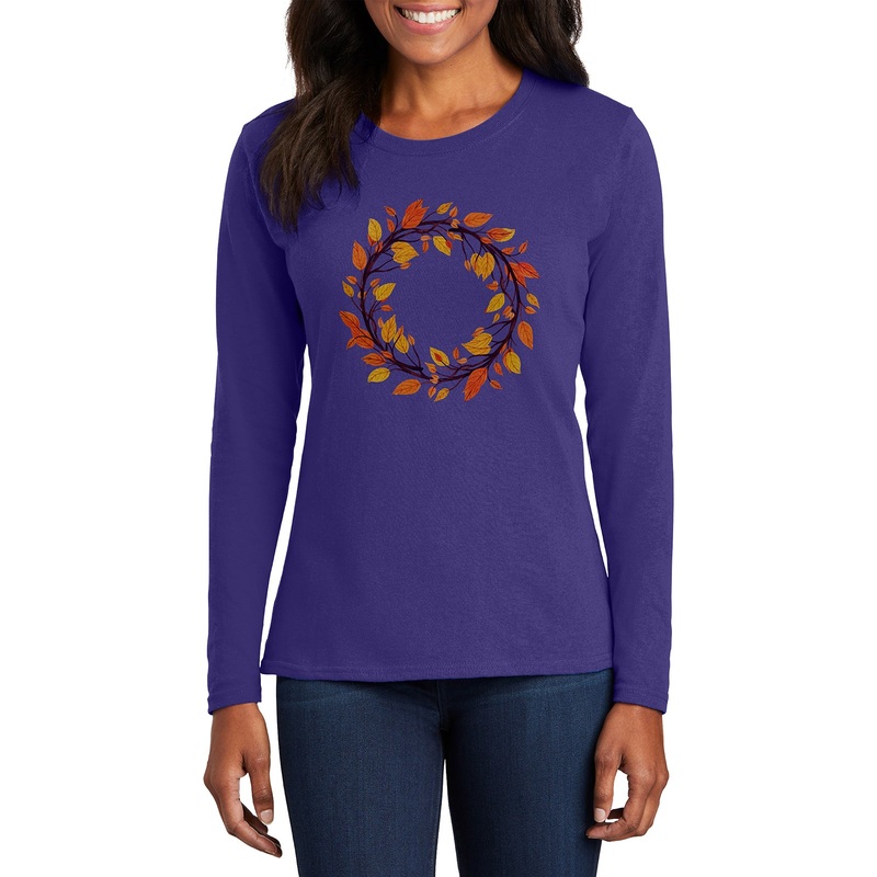 Autumn Wreath Women’s Port & Company Long Sleeve Cotton T-Shirt Purple XS