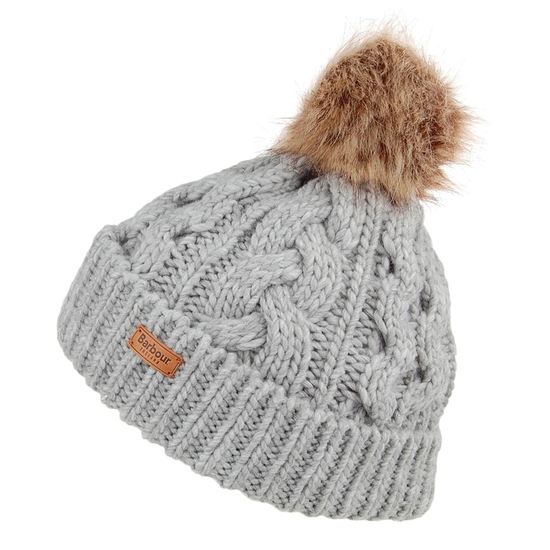 Barbour Hats Penshaw Cable Knit Faux Fur Pom Bobble Hat – Grey 1-Size
