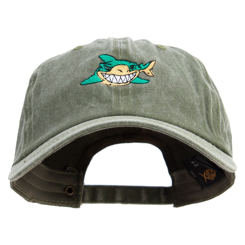 Cartoon Shark Logo Embroidered Cotton Twill Premium Pigment Dyed Cap Olive One Size