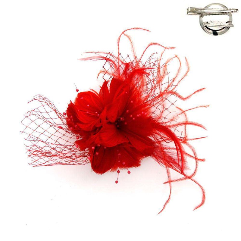 Feather Flower Fascinator-Brooch Red
