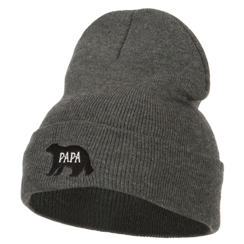 Papa Bear Embroidered Long Beanie Dk Grey One Size