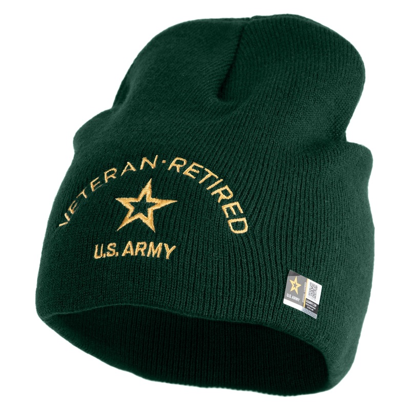 Star US Army Veteran Retired Symbol Embroidered 8 Inch Knitted Short Beanie Dk Green One Size
