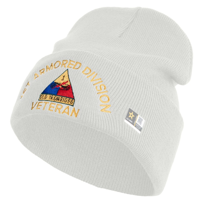 U.S. Army 1st Armored Division Logo Embroidered 12 Inch Solid Knit Cuff Long Beanie Made in USA White One Size
