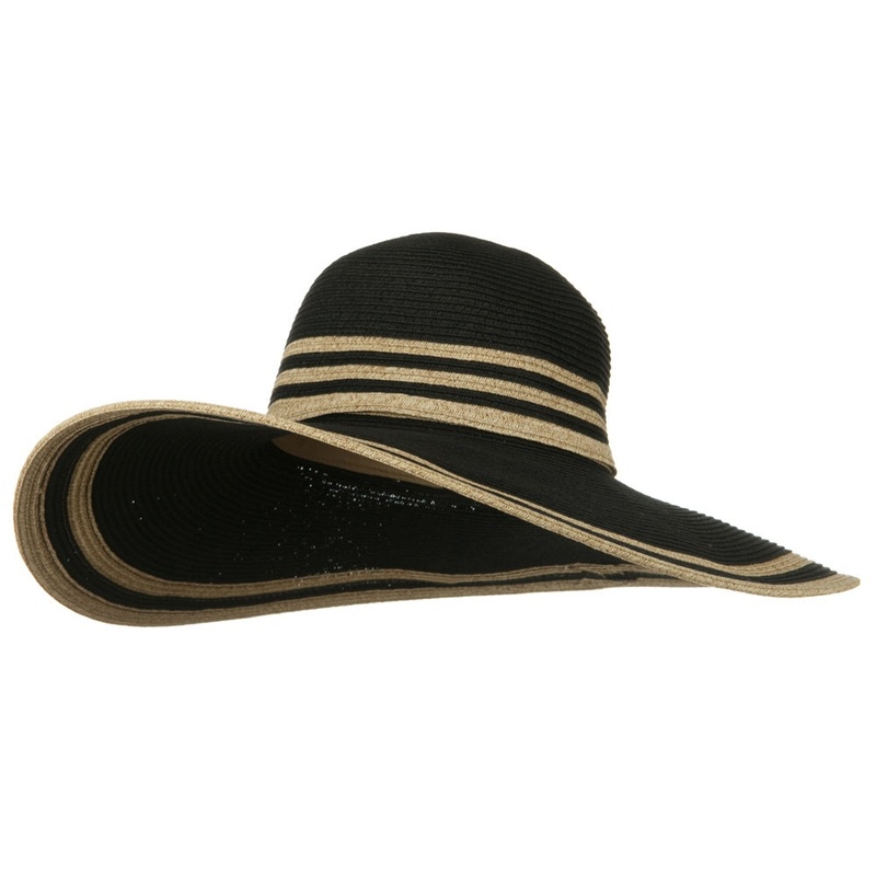 UPF 50+ Two Tone Stripe Wide Brim Self Tie Hat Black One Size