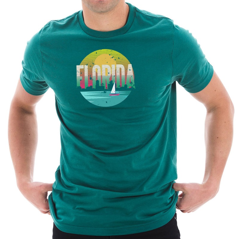 Vintage Florida Sunset Graphic Design Short Sleeve Cotton Jersey T-Shirt Teal XS