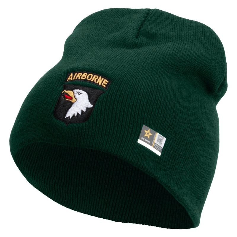 101st Airborne Division Embroidered 8 Inch Knitted Short Beanie Dk Green One Size
