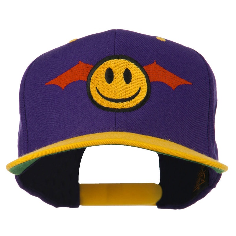 Bat Smile Face Embroidered Snapback Cap Purple Gold One Size