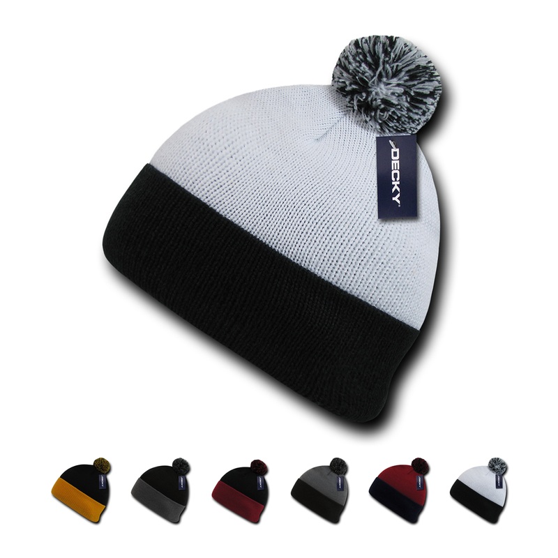 Decky 687 2-Tone Athletic Pom Pom Beanie Knit Cap Black/Gold
