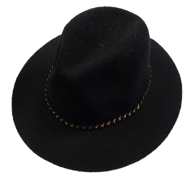 Knitted Panama Hat with Gold Band – Black Black