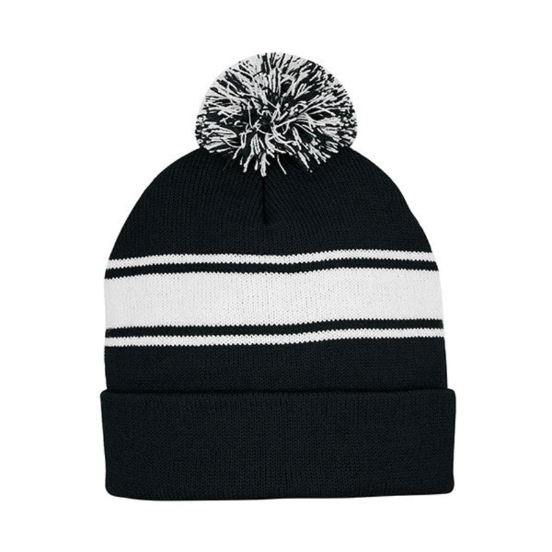 Mega Cap 5076 Striped Pom Beanie with Cuff BLK-WT