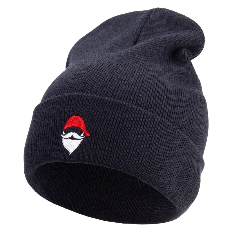 Santa Ornament Embroidered 12 Inch Long Knitted Beanie Navy One Size