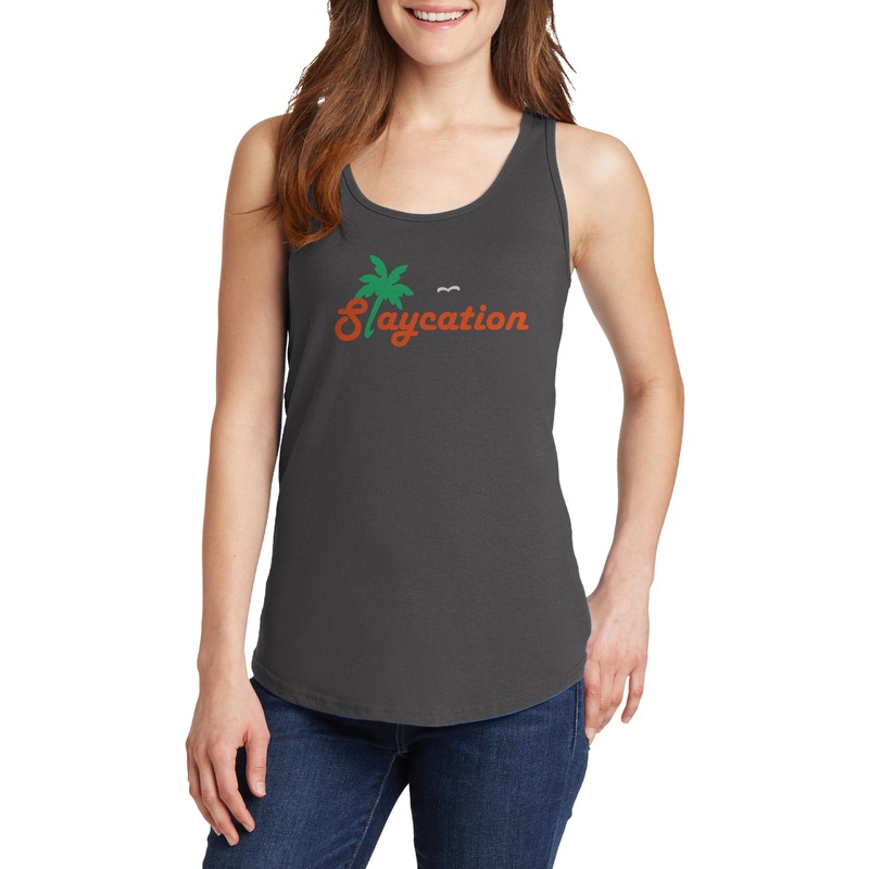 Staycation Palm Tree Ladies Core Cotton Tank Top Charcoal XS