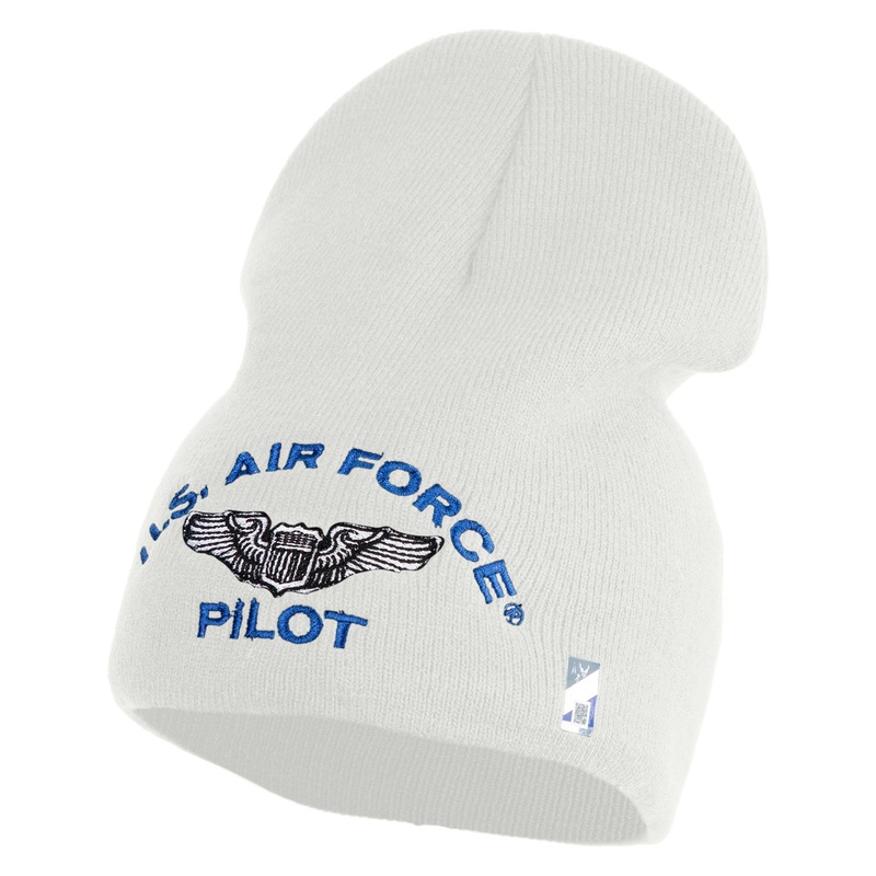 US Air Force Pilot Symbol Embroidered 8 Inch Solid Knit Short Beanie Made in USA White One Size