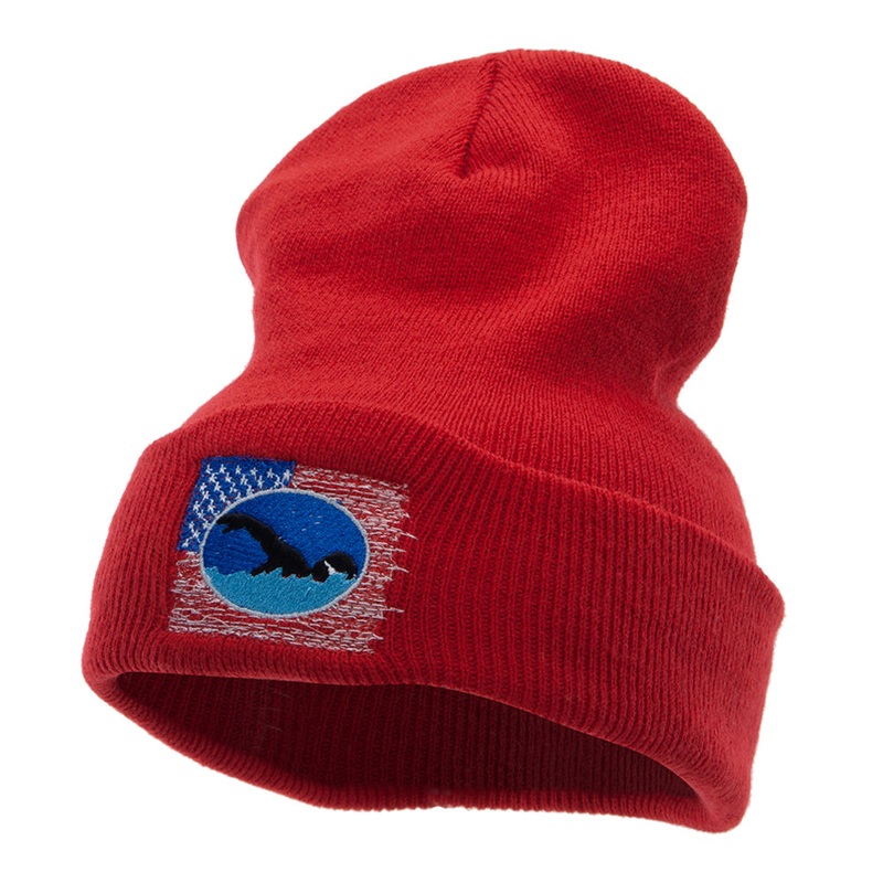 American Swimmer Embroidered 12 Inch Long Knitted Beanie Red One Size