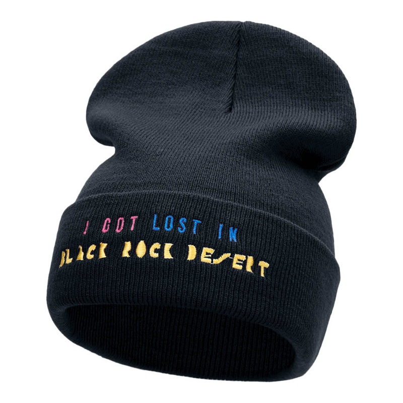Black Rock Desert Phrase Embroidered Long Knitted Beanie Navy One Size