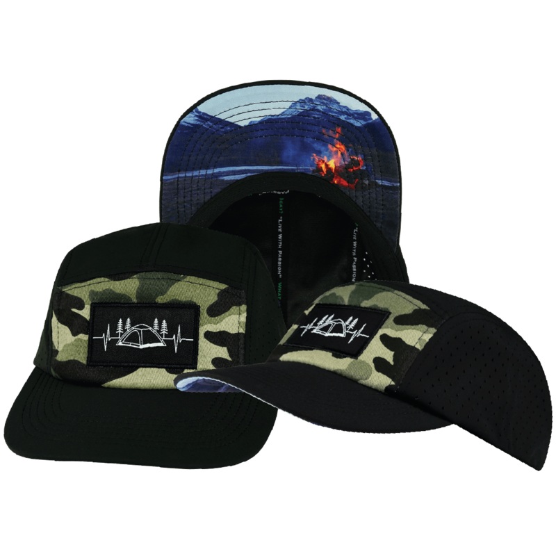 Camping Hat – 5 Panel – Black / Green Camo – Laser Mesh