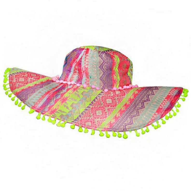 Pink and Lime Bohemian Hat with Pom Pom Accent – America and Beyond Hot Pink OS