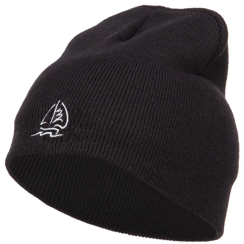 Sailboat Wave Embroidered Short Beanie Black One Size