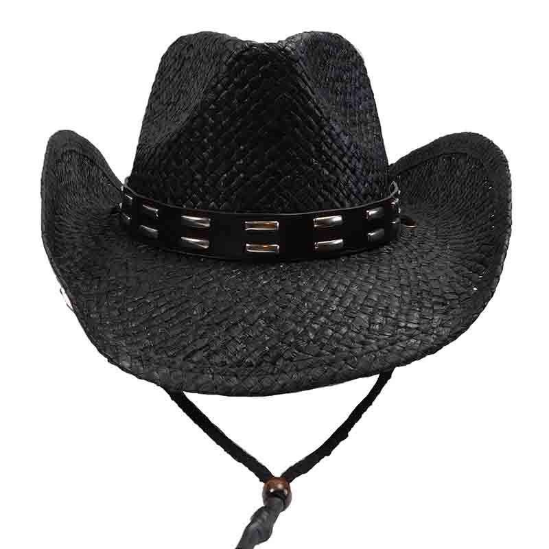Black Straw Cowboy Hat with Studded Leather Band – Sun Styles Black M/L (58 cm)