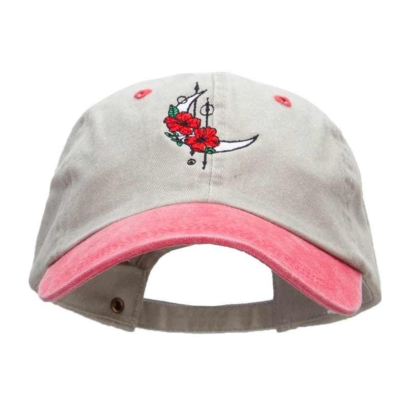 Crescent Moon With Flowers Embroidered Pigment Dyed Wash Cap Beige Red One Size