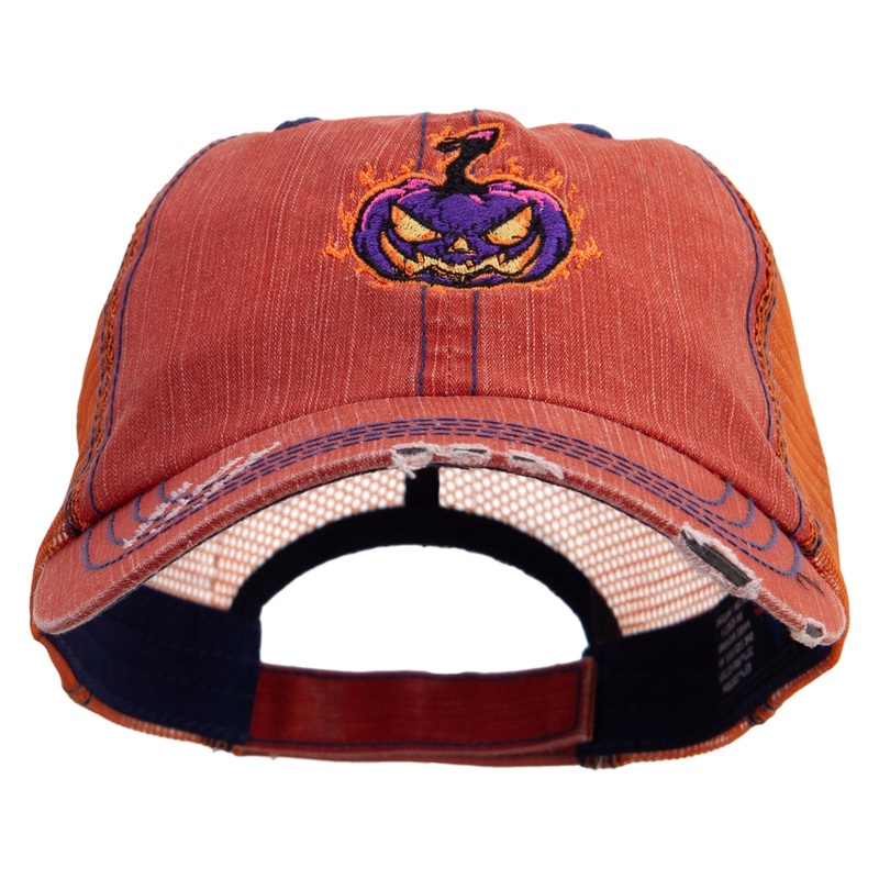 Halloween Pumpkin Flame Embroidered Low Profile Special Cotton Mesh Cap Orange One Size