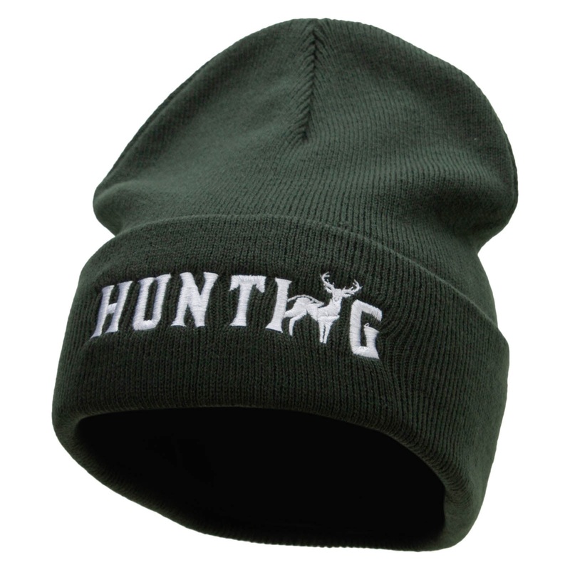 Hunting Deer Embroidered 12 Inch Long Knitted Beanie Olive One Size