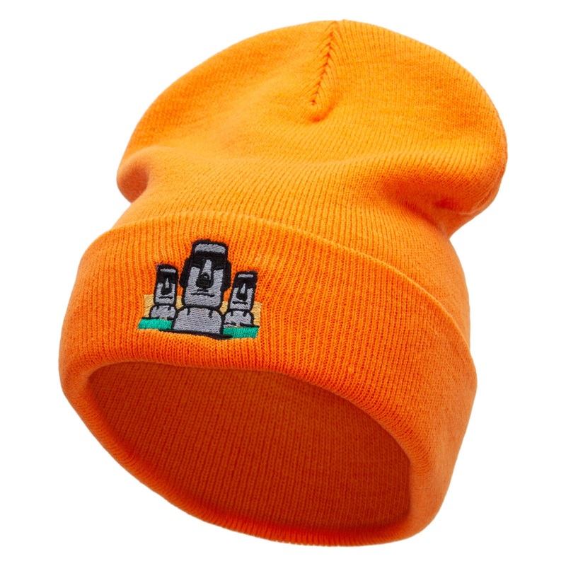 Moai Landmark Embroidered 12 Inch Long Knitted Beanie Orange One Size