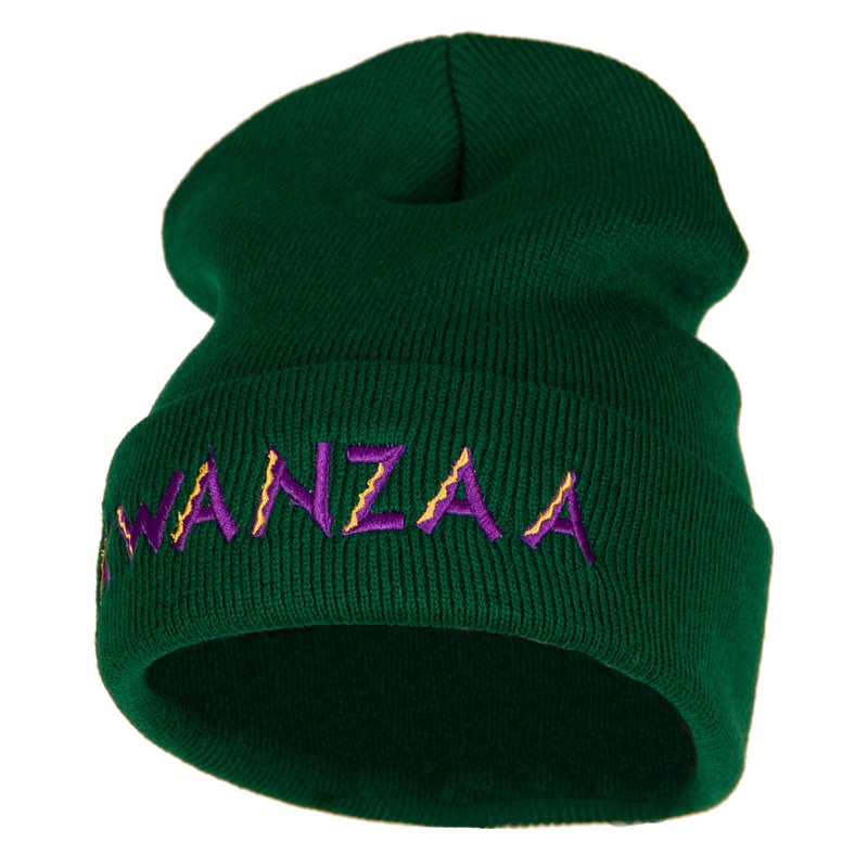 Purple Kwanzaa Embroidered Knitted Long Beanie Dark Green One Size