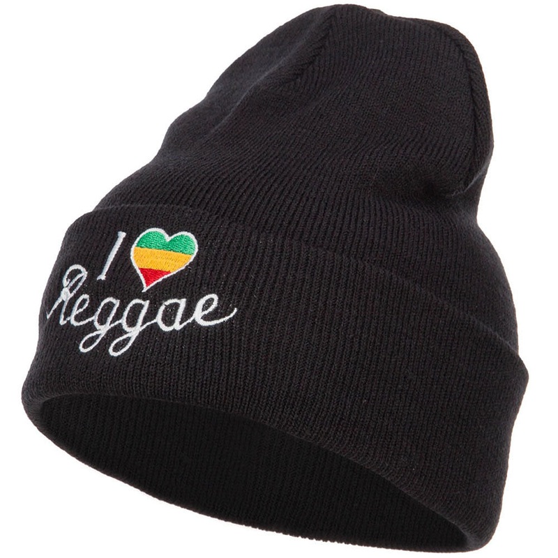 Rasta I Love Reggae Embroidered Long Beanie Black One Size