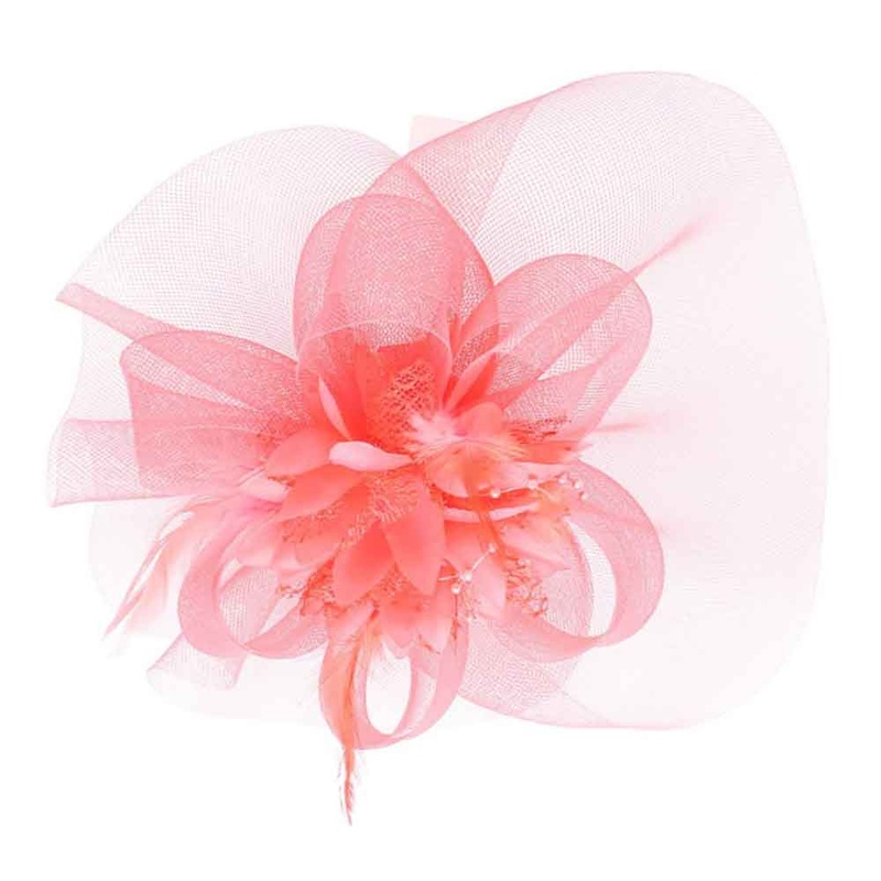 Silk Flower Center Tulle Fascinator – Something Special Coral