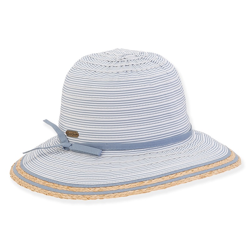 Striped Ribbon Sun Hat with Raffia Trim – Sun ‘n’ Sand Hats Blue OS (57 cm)