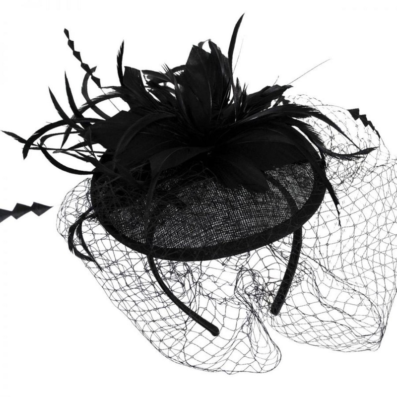Veil and Feather Fascinator Headband BLACK ONE SIZE FITS MOST