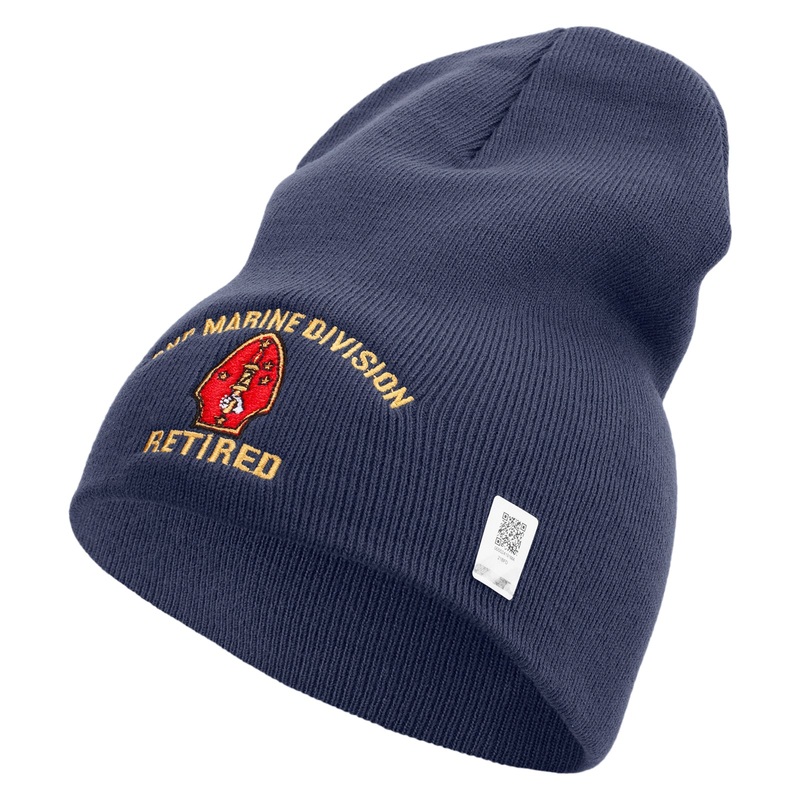 2nd Marine Division Retired Symbol Embroidered 8 Inch Solid Knit Short Beanie Made in USA Navy One Size